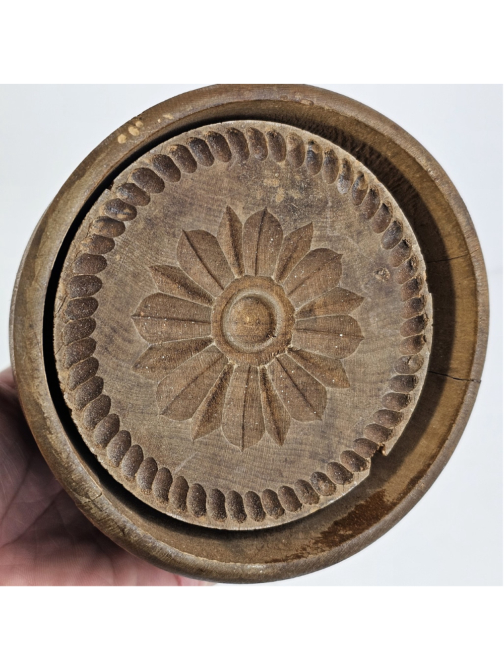 Vintage Wooden Butter Press Mold Flower Design Primitive Farmhouse Folk Art
